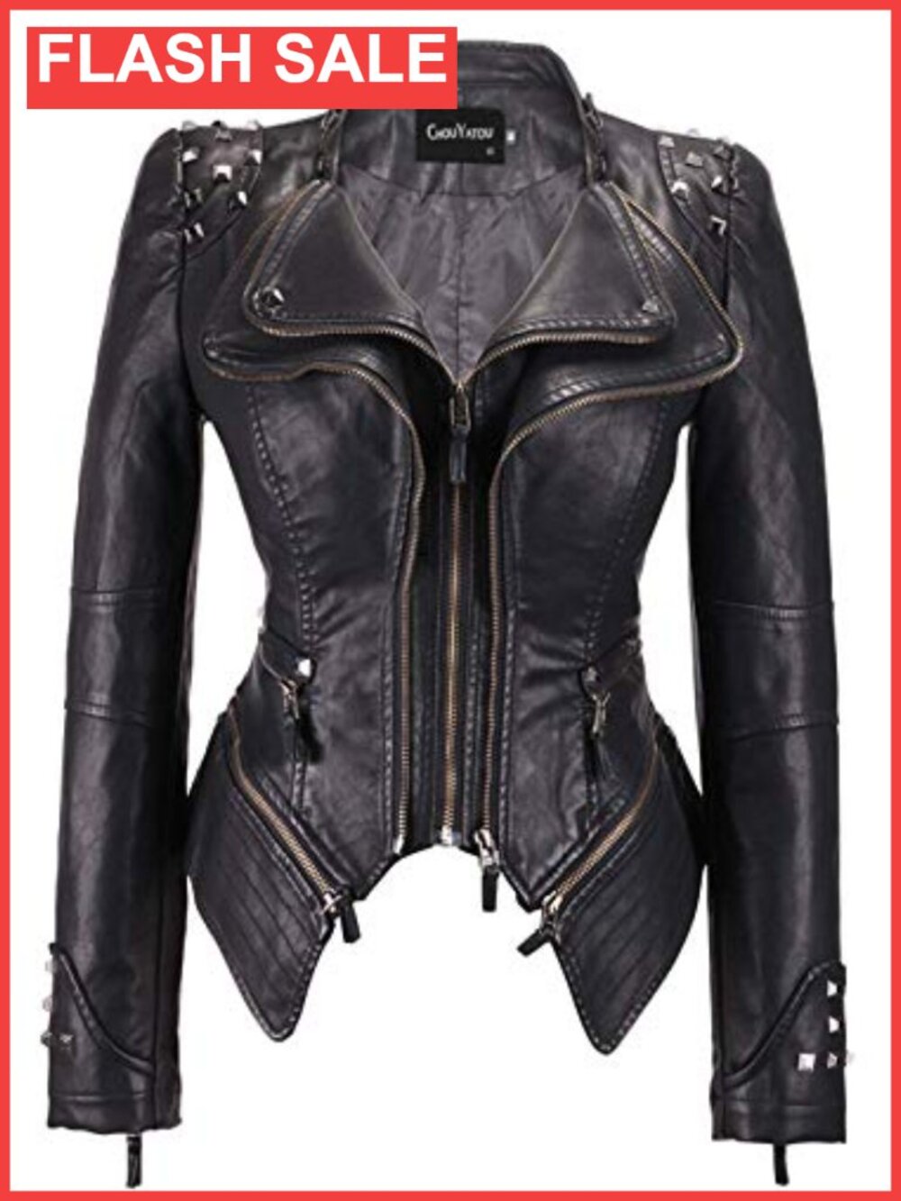 Faux Leather Studded Moto Biker Jacket Zip Placket Adjustable Hem